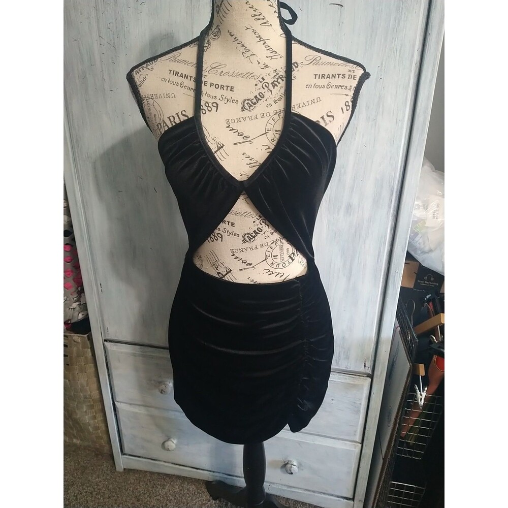 Zara Velour Open Front Halter Mini Dress Small Black Sexy Y2K Open Back